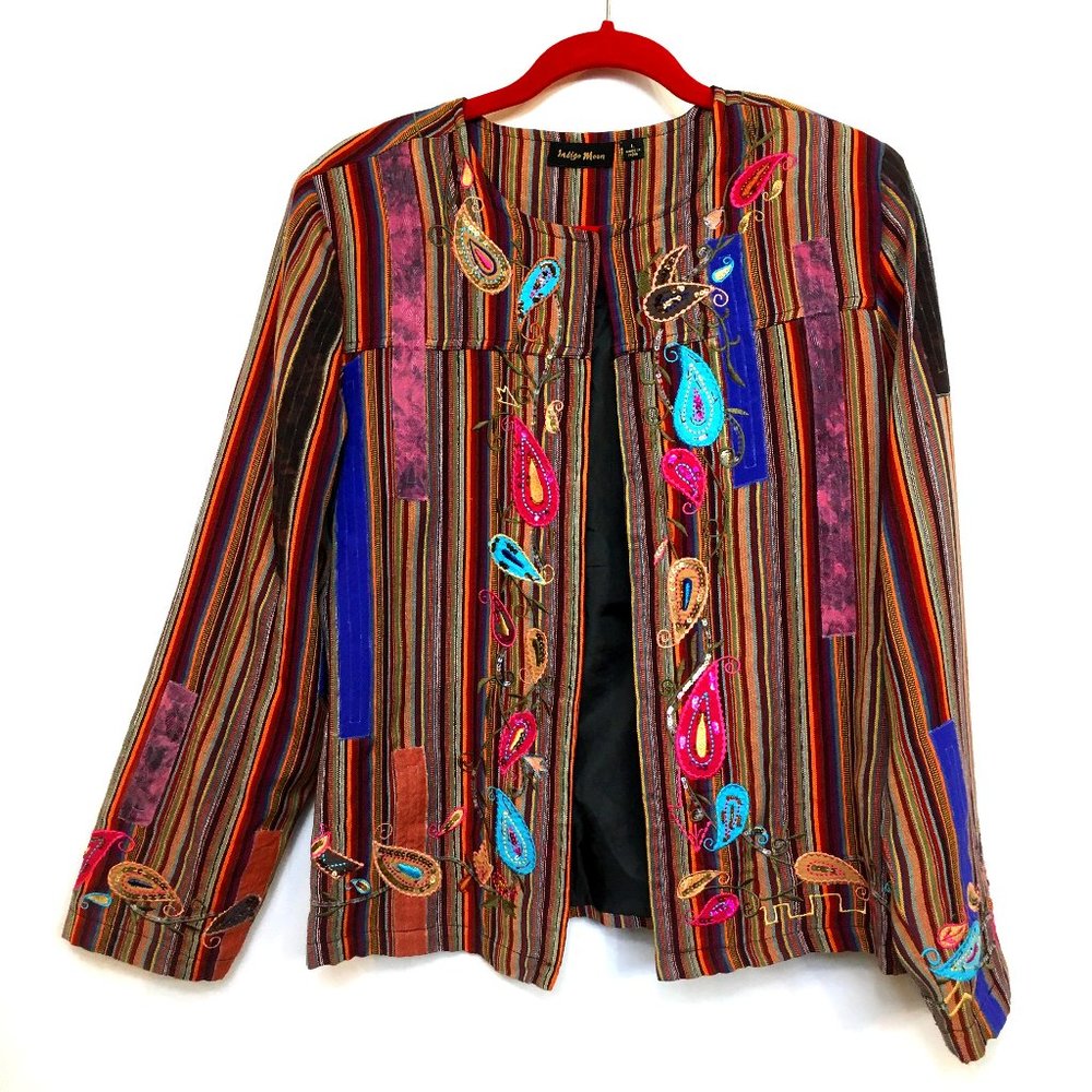 VTG Indigo Moon Silk Embroidered Applique Jacket Vtg